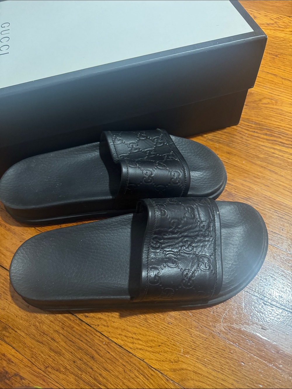 Gucci MENS Black Embossed Monogram Slide Sandals